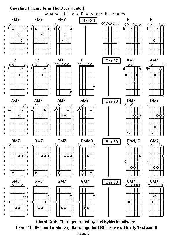 Chord Grids Chart of chord melody fingerstyle guitar song-Cavatina (Theme form The Deer Hunter),generated by LickByNeck software.